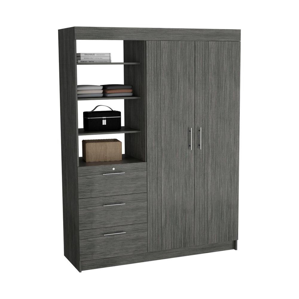 Laurel 3-Tier Shelf and Drawers Armoire with Metal Handles, Smokey Oak -Bedroom. Picture 4