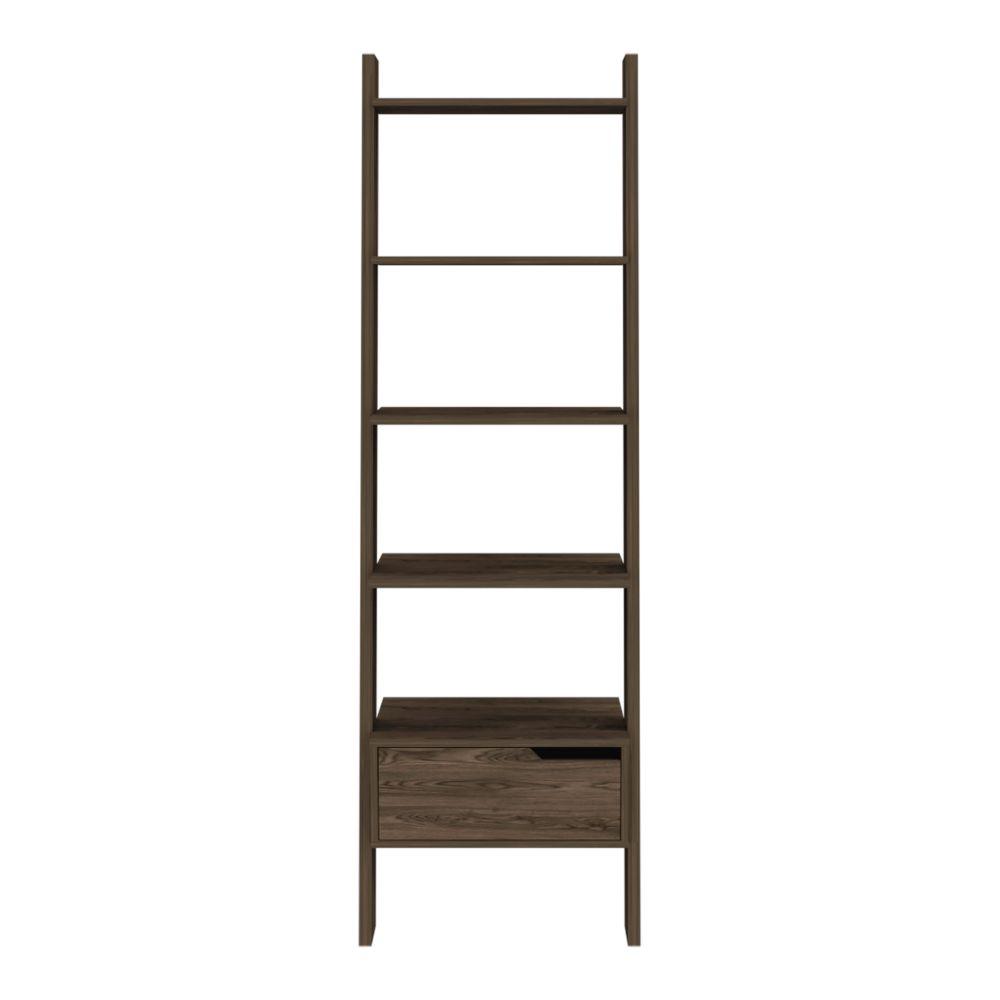 DEPOT E-SHOP Kobe Ladder Bookcase, One Drawer, Five Open Shelves, Four Legs- Dark Walnut, For Living Room. Picture 1