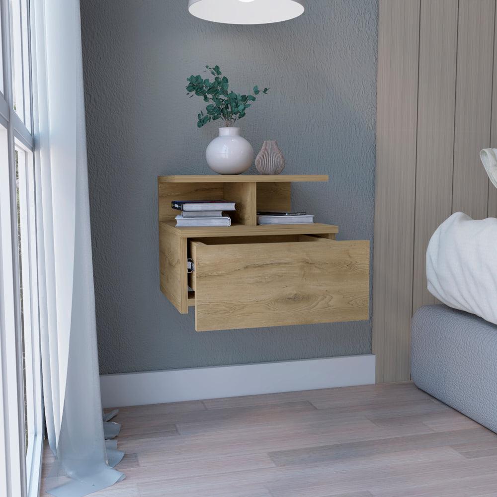 Nightstand, Wall Mounted with Single Drawer and 2-Tier Shelf, Macadamia. Picture 6
