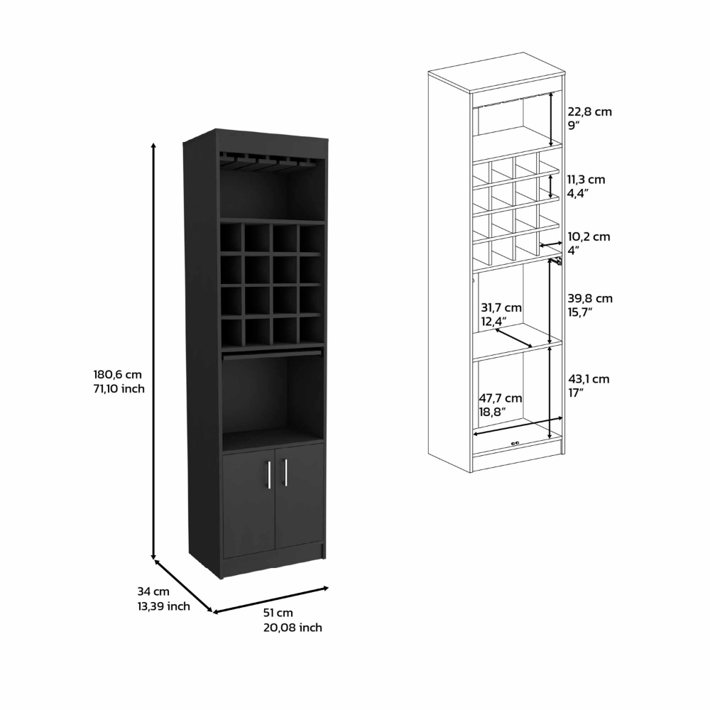 Depot E-Shop Athens Kava Bar Cabinet, 16 Built-in Wine Rack, Two Door Cabinet, Two Shelves, Black. Picture 6