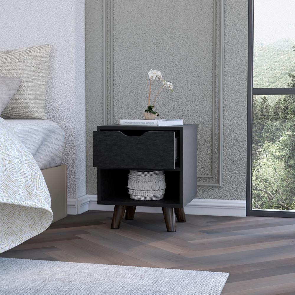 Nightstand with Spacious Drawer, Open Storage Shelf and Chic Wooden Legs, Black. Picture 7