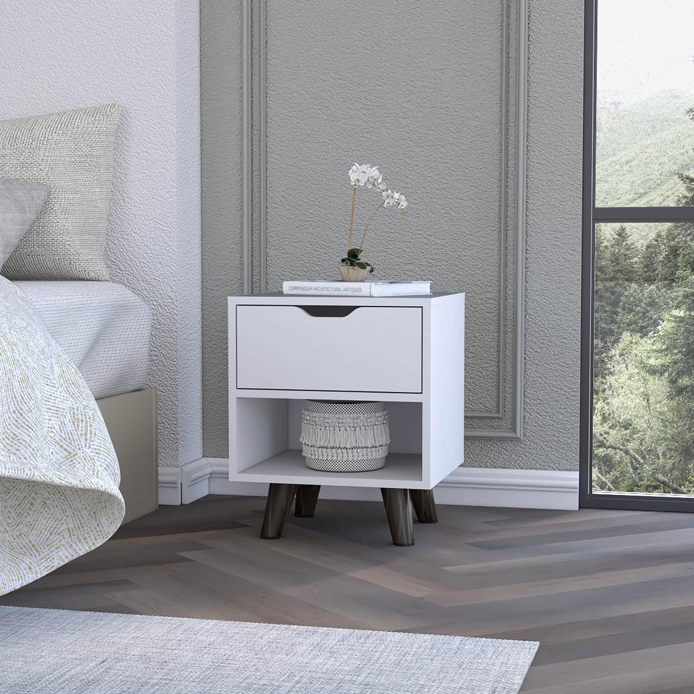 Nightstand with Spacious Drawer, Open Storage Shelf and Chic Wooden Legs, White. Picture 6