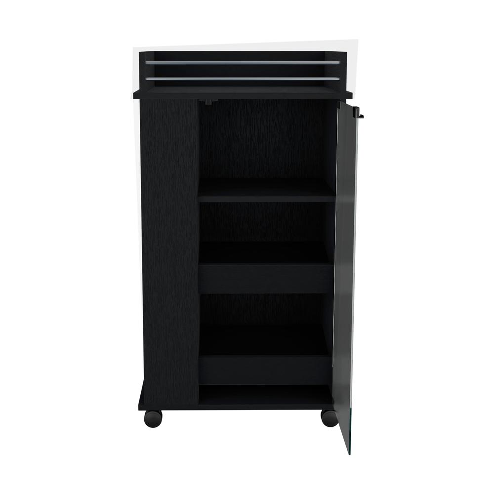 Lansing Bar Cart with Glass Door, 2-Side Shelves and Casters, Black. Picture 1