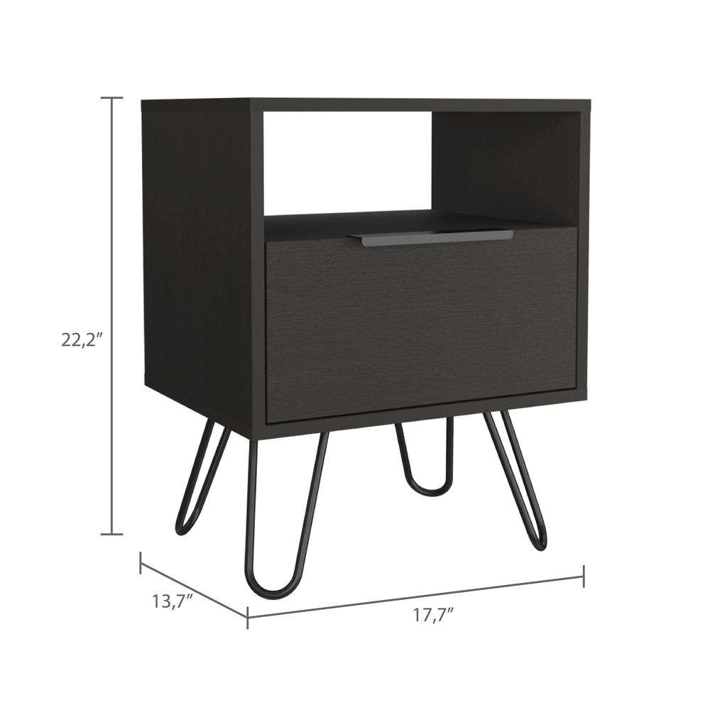 DEPOT E-SHOP Begonia Night Stand-Two Shelves, One-Door Drawer, Four Steel Legs-Black, For Bedroom. Picture 3