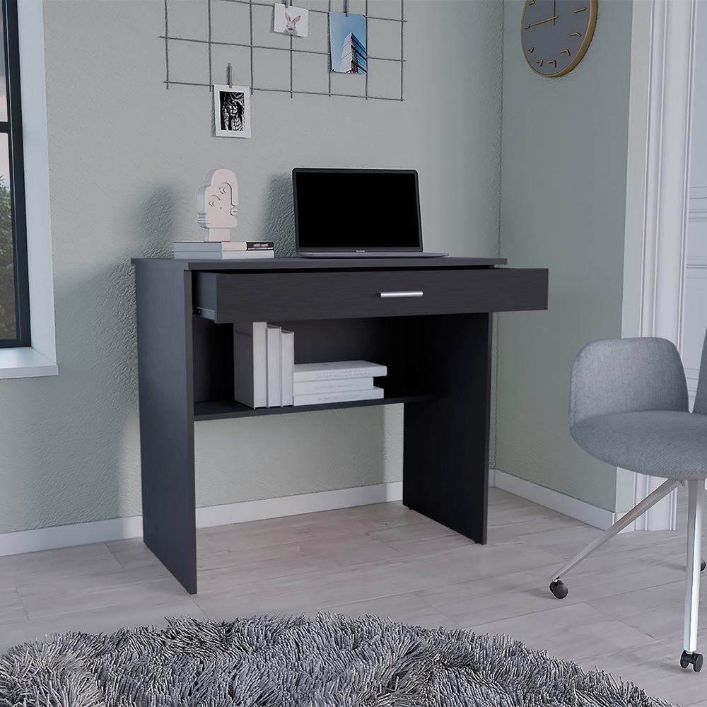 Montana Storage Desk, Spacious Stylish with Drawer and Shelf, Black -Office. Picture 6