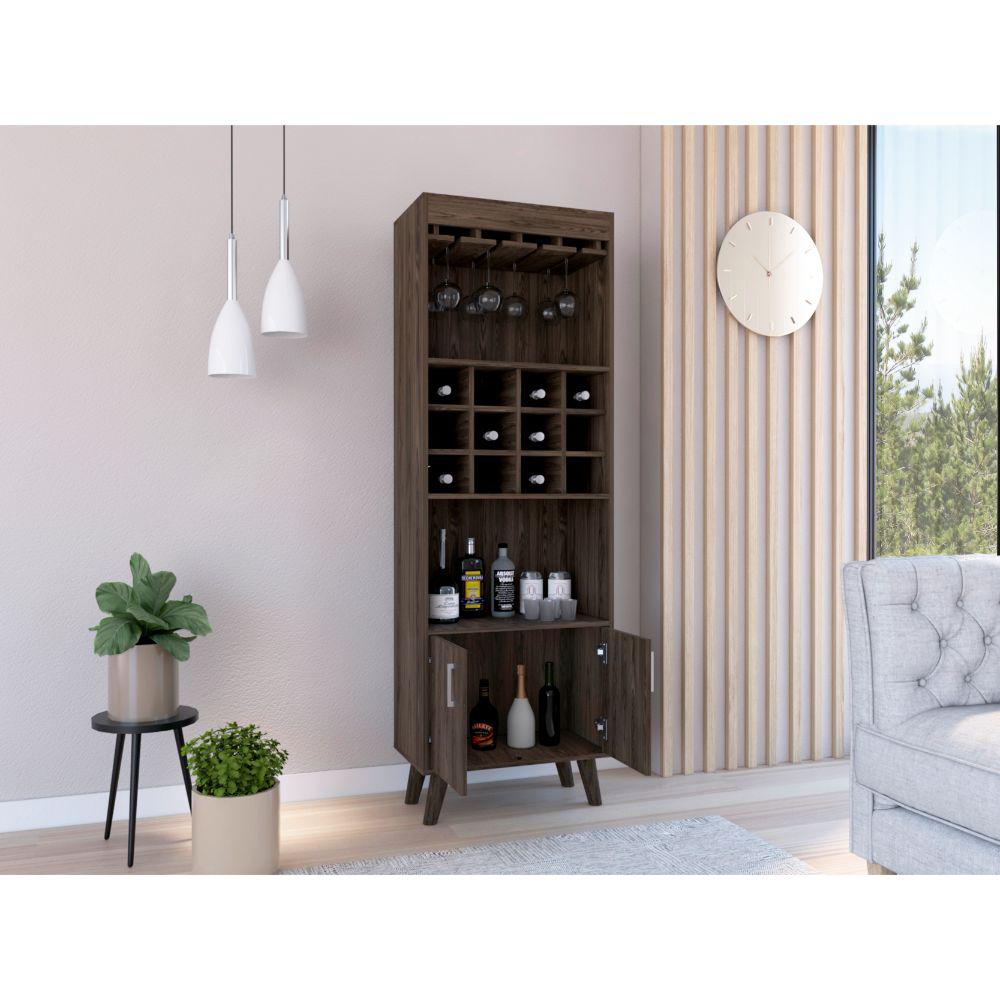 DEPOT E-SHOP Harvey Bar Cabinet, Twelve Wine Cubbbies, Two-Door Cabinet, Two Shelves- Dark Walnut, For Living Room. Picture 1