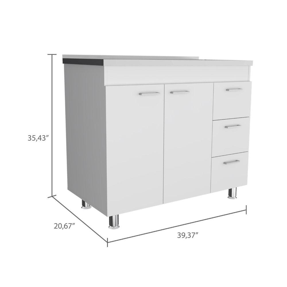 DEPOT E-SHOP Rushville Base Cabinet, Three Drawers, Two-Door Cabinet, Countertop, Four Legs-White, For Kitchen. Picture 4