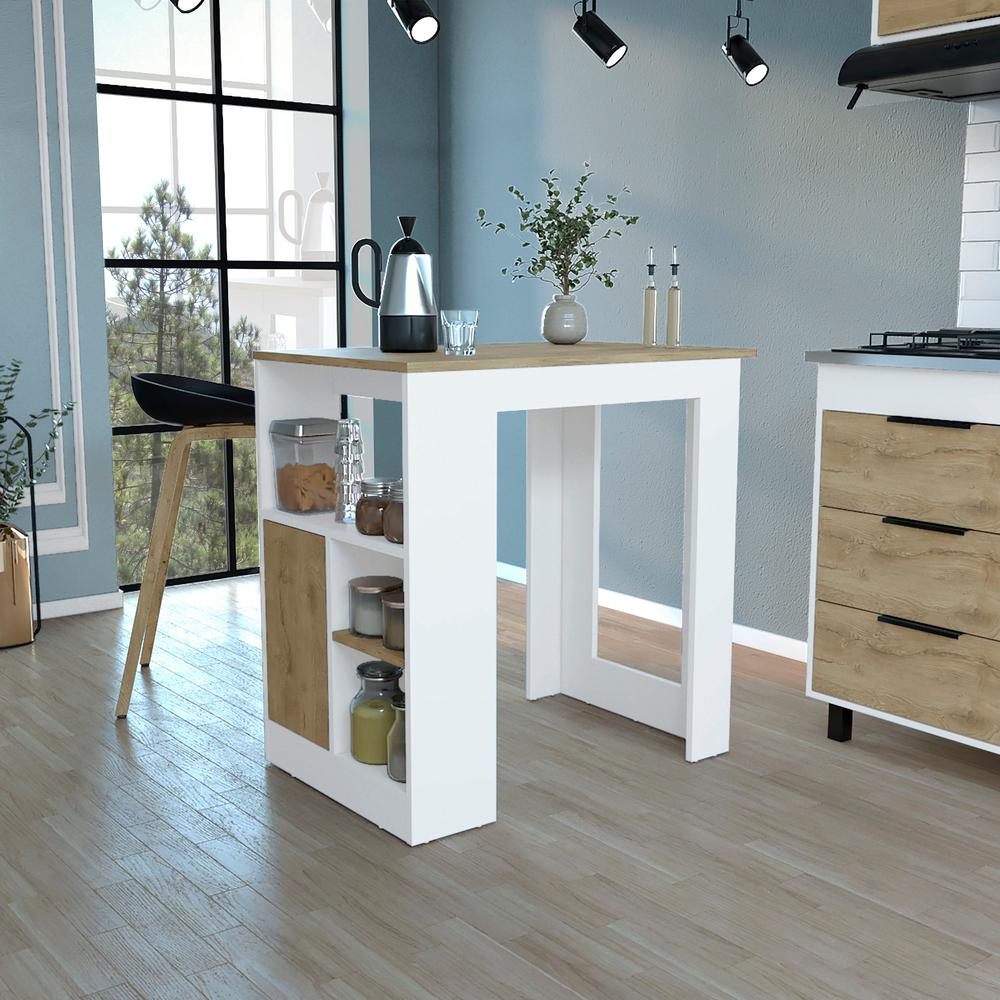 Masset Kitchen Island with Side Shelves and Cabinet, White / Macadamia. Picture 5
