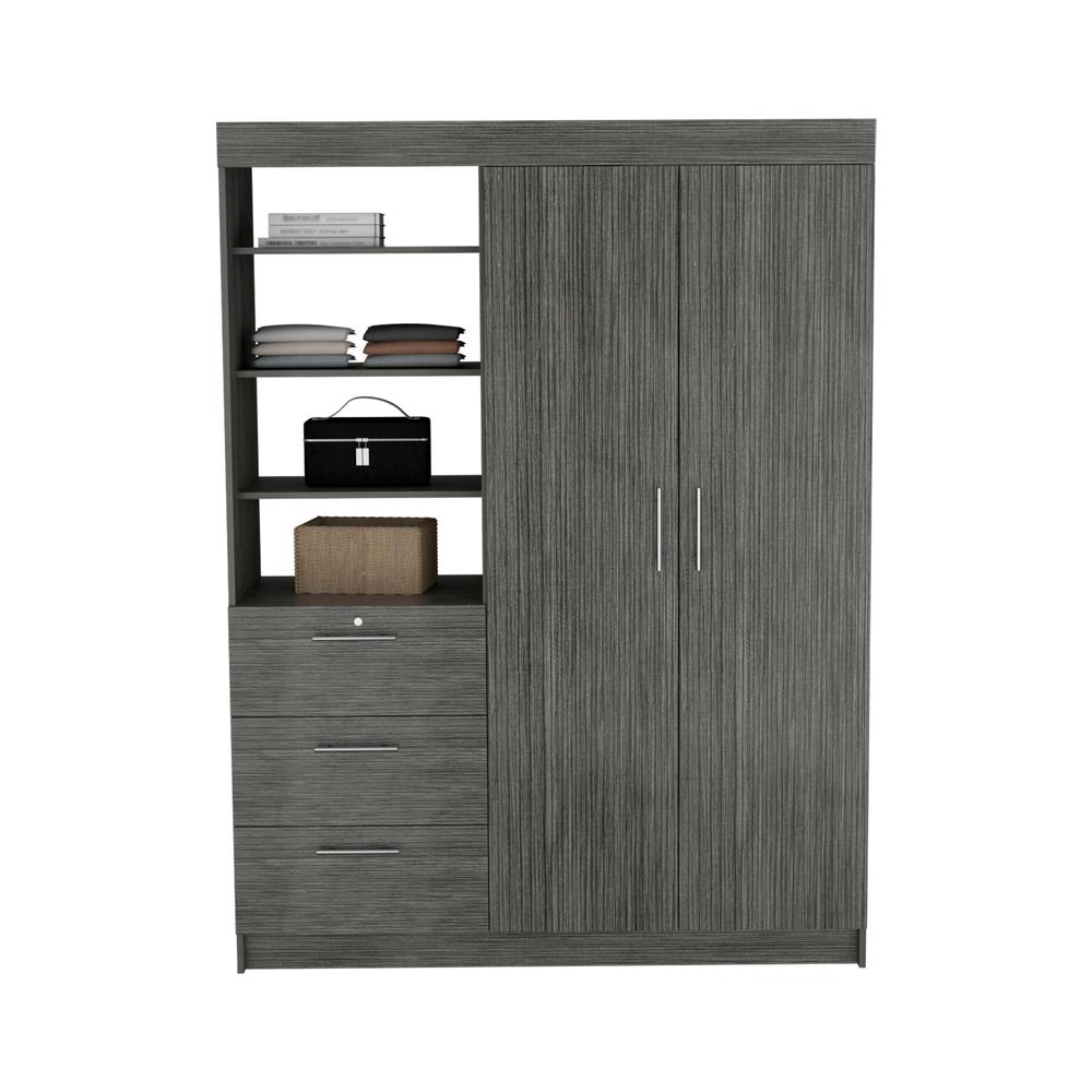 Laurel 3-Tier Shelf and Drawers Armoire with Metal Handles, Smokey Oak -Bedroom. Picture 3