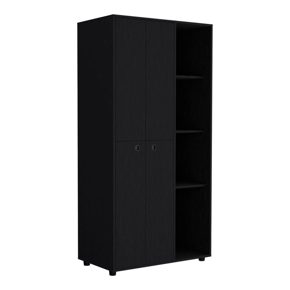 Armoire with 2-door Storage with Metal Rods, Drawer, 3 Open Shelves, Black. Picture 7