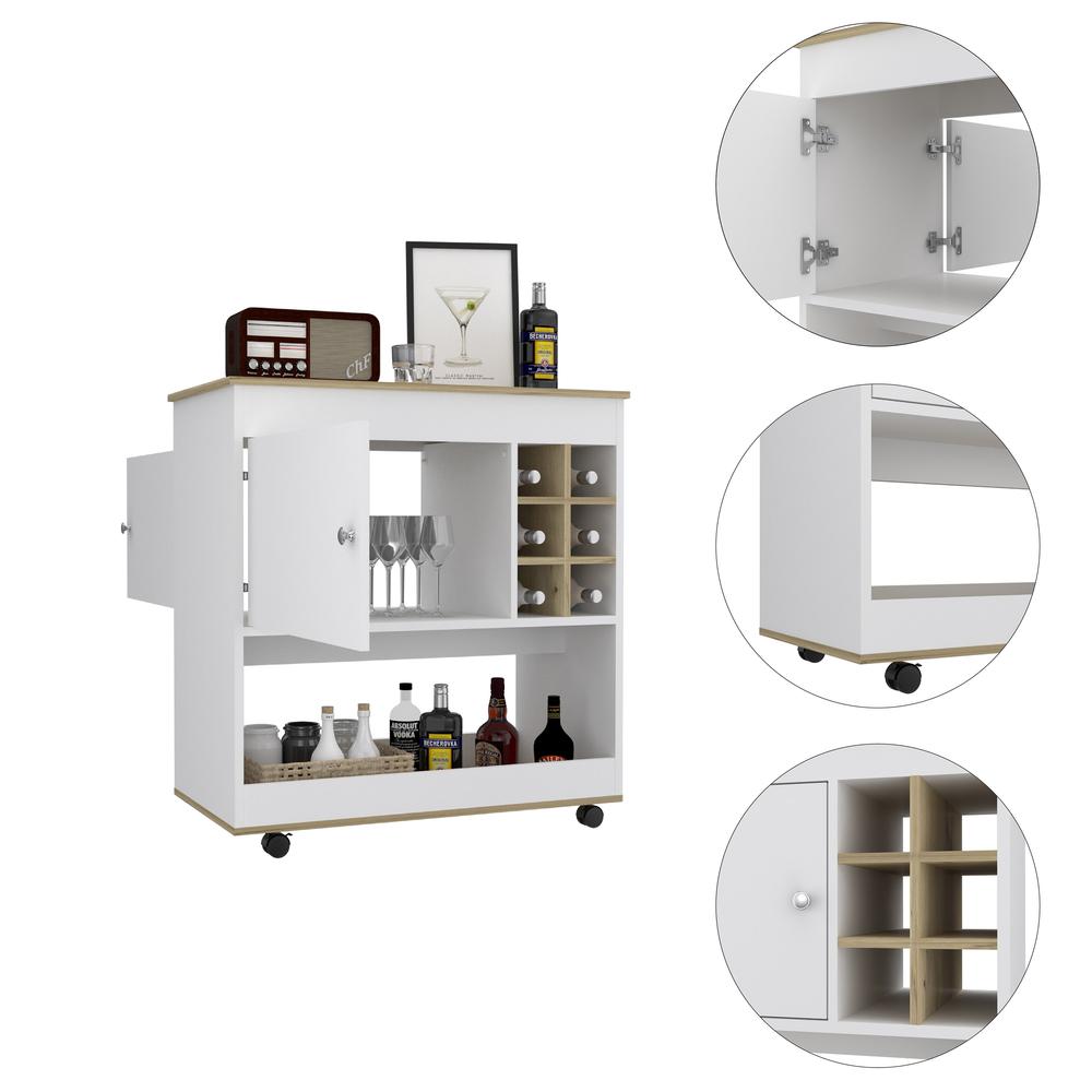 DEPOT E-SHOP Lotus Bar Cart-Six Bottle Cubbies, One Cabinet, Countertop, Lower Panel, Four Casters-White/Light Oak, For Livingroom. Picture 3