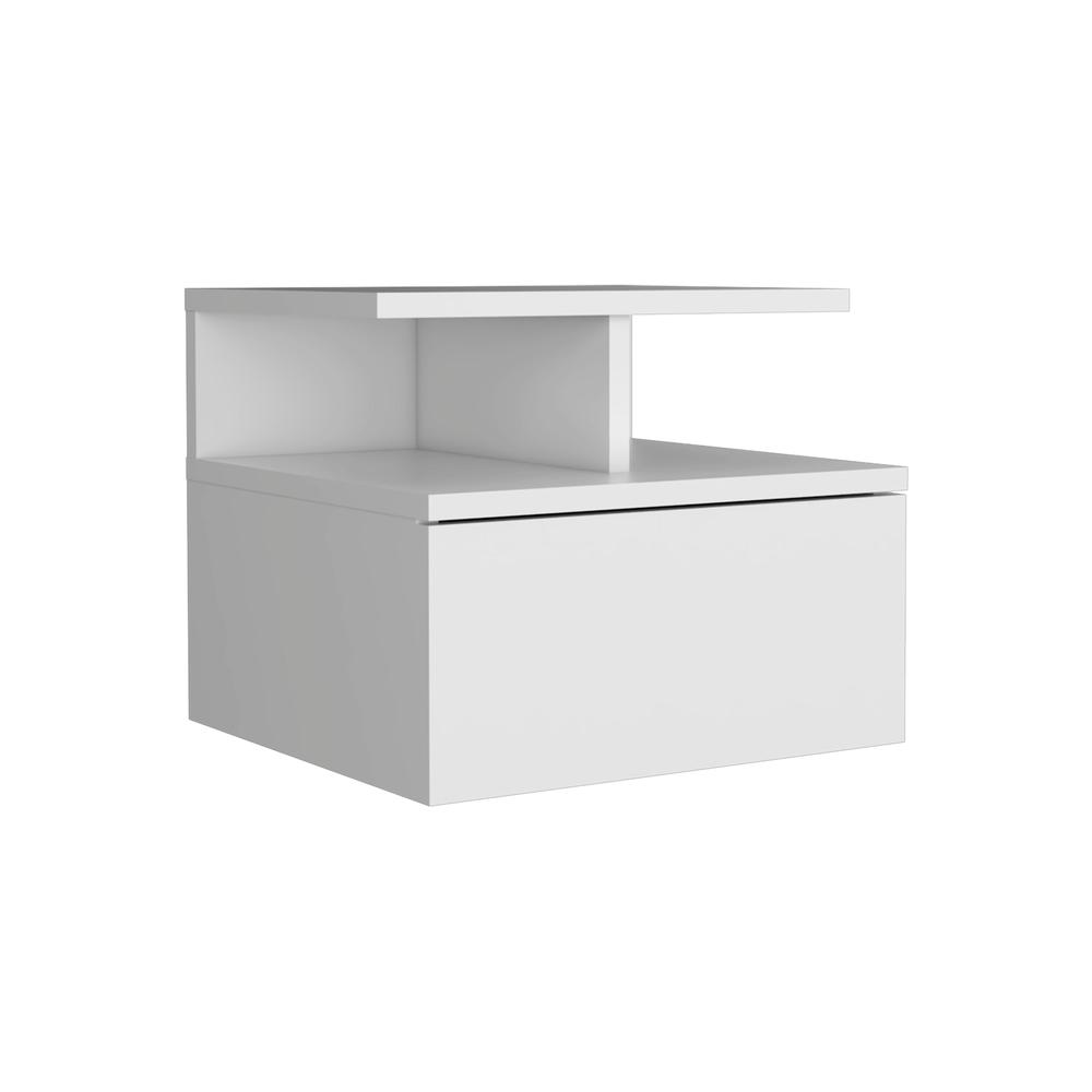 DEPOT E-SHOP Seward Floating Nightstand, Wall Mounted with Single Drawer and 2-Tier Shelf, White. Picture 1