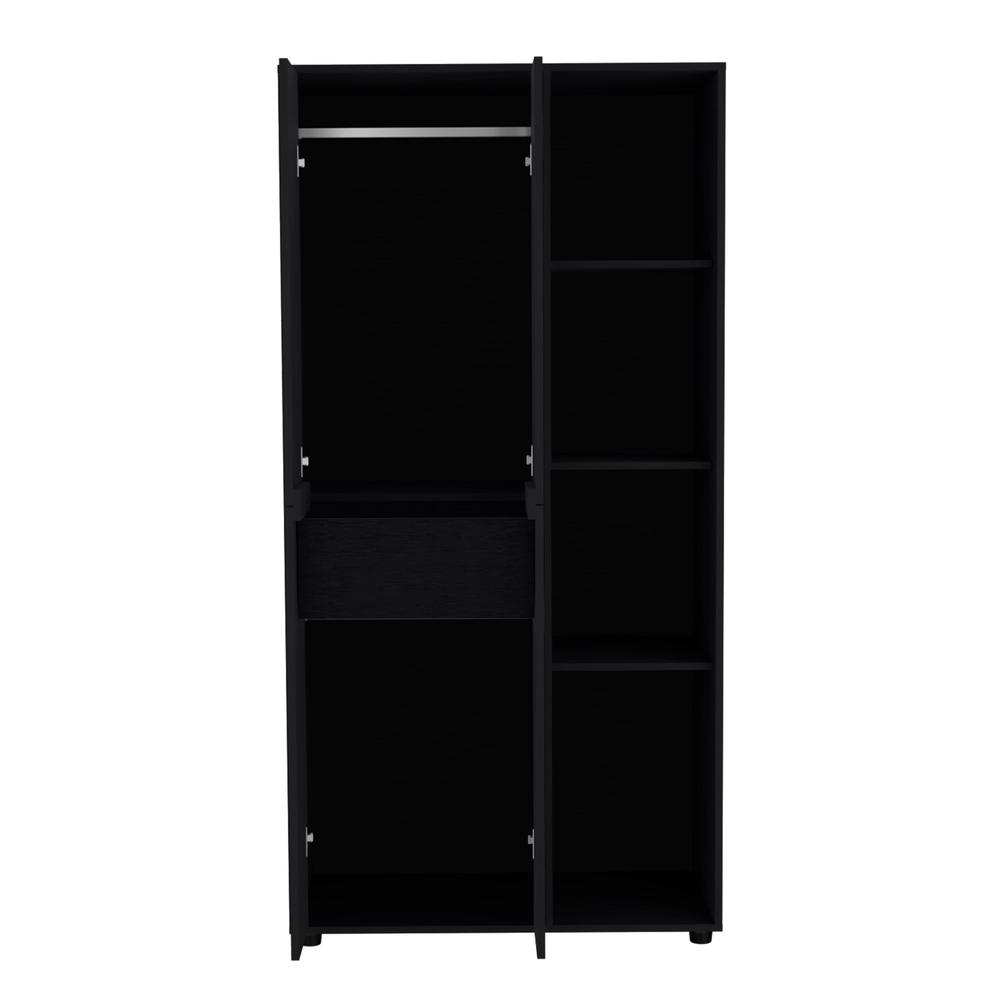 Armoire with 2-door Storage with Metal Rods, Drawer, 3 Open Shelves, Black. Picture 1