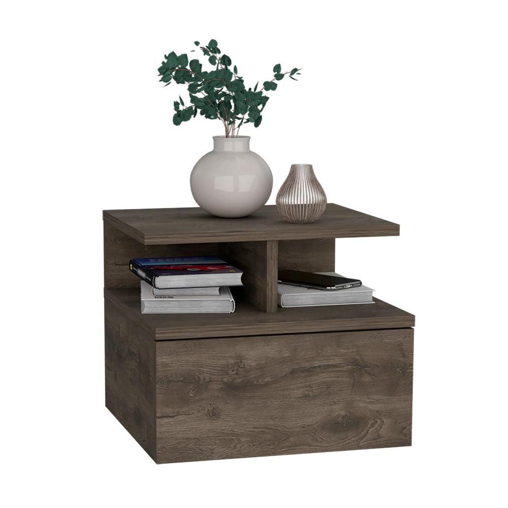 Nightstand, Wall Mounted with Single Drawer and 2-Tier Shelf, Dark Walnut. Picture 3