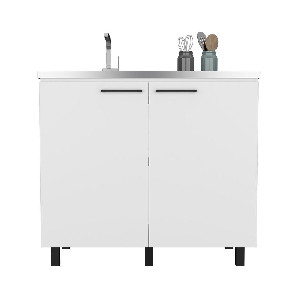 DEPOT E-SHOP Salento 2 Freestanding Utility Base Cabinet with Stainless Steel Countertop and 2-Door, White. Picture 6