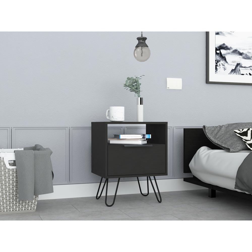 DEPOT E-SHOP Begonia Night Stand-Two Shelves, One-Door Drawer, Four Steel Legs-Black, For Bedroom. Picture 1