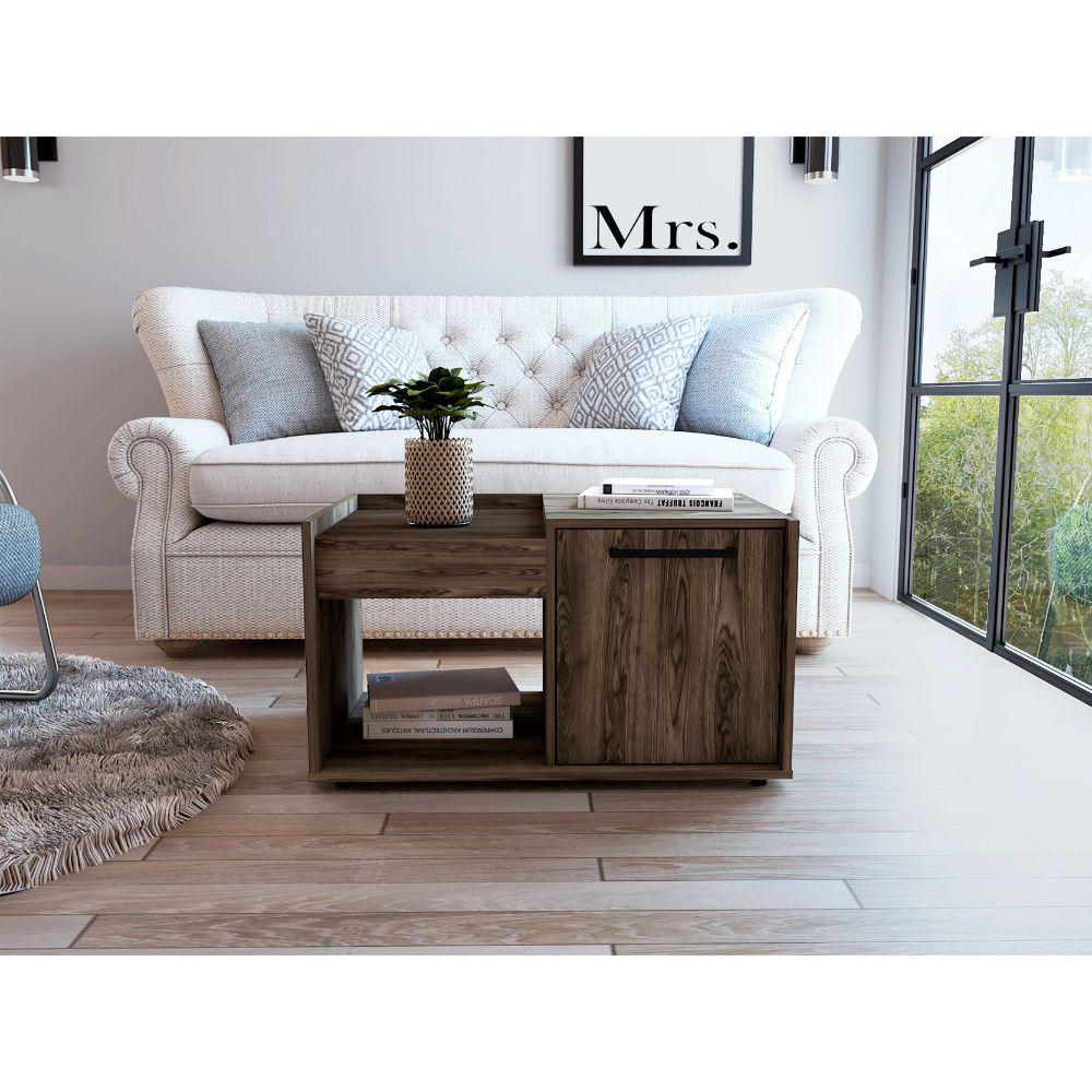 DEPOT E-SHOP Ambar Coffee Table, One Open Shelf, One-Door Cabinet, Countertop- Dark Walnut, For Living Room. Picture 1