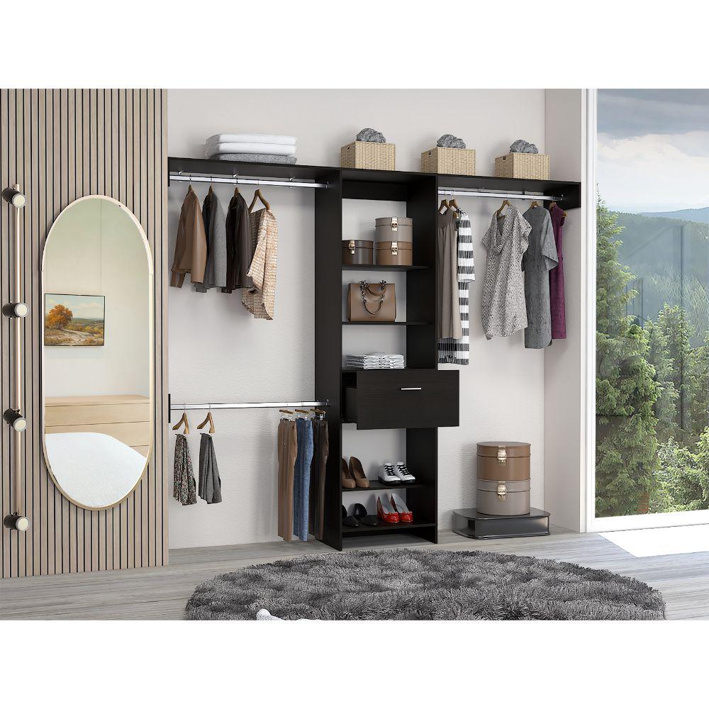 DEPOT E-SHOP Brisk Closet System, One Drawer, Three Metal Rods, Five Open Shelves-Black, For Bedroom. Picture 1