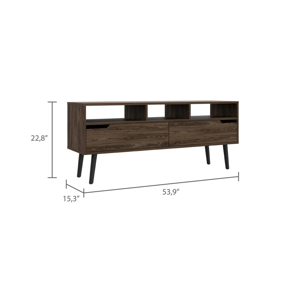 DEPOT E-SHOP Kobe Tv Stand, Countertop, Three Open Shelves, Two Flexible Drawers, Four Legs- Dark Walnut, For Living Room. Picture 4