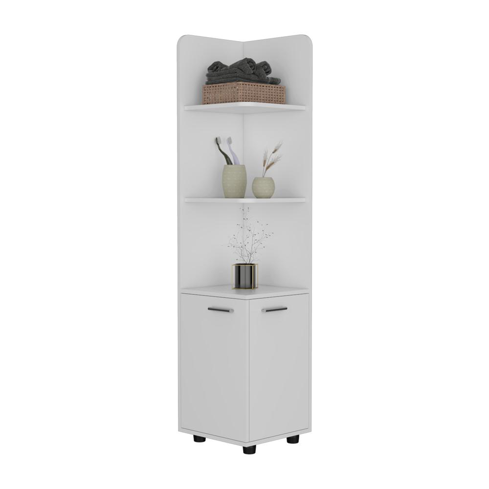DEPOT E-SHOP Vestal Tall Corner Cabinet with 3-Tier Shelf and 2-Door, White. Picture 3