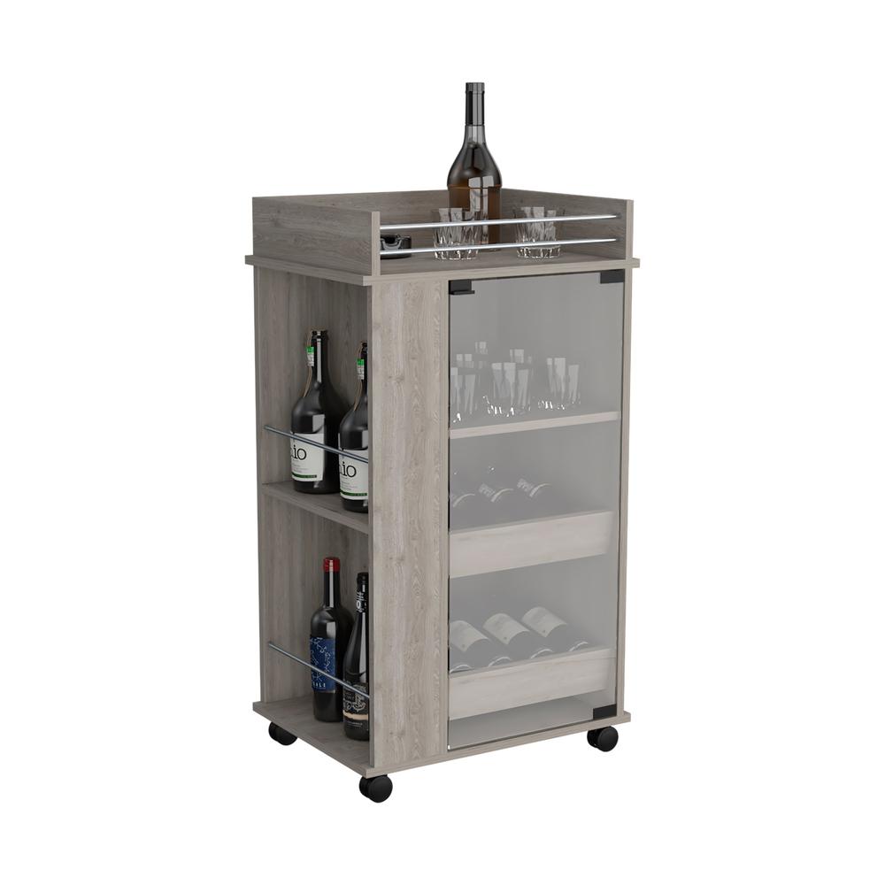 Lansing Bar Cart with Glass Door, 2-Side Shelves and Casters, Light Gray. Picture 3
