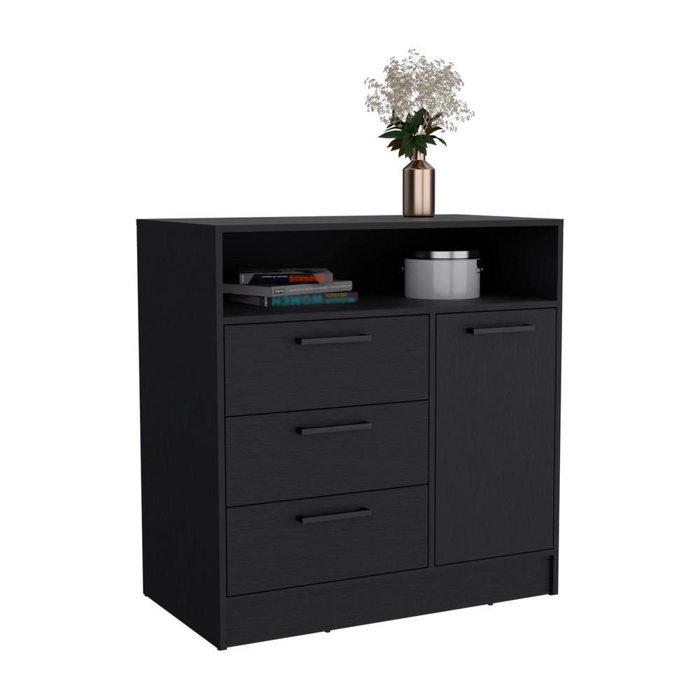 Dresser with Spacious 3-Drawer and Single-Door Storage Cabinet, Black. Picture 3