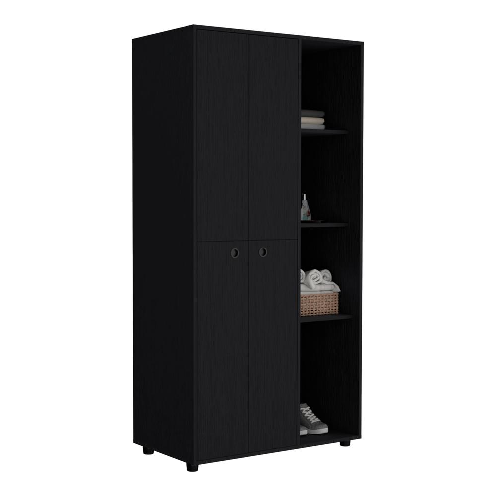 Armoire with 2-door Storage with Metal Rods, Drawer, 3 Open Shelves, Black. Picture 3