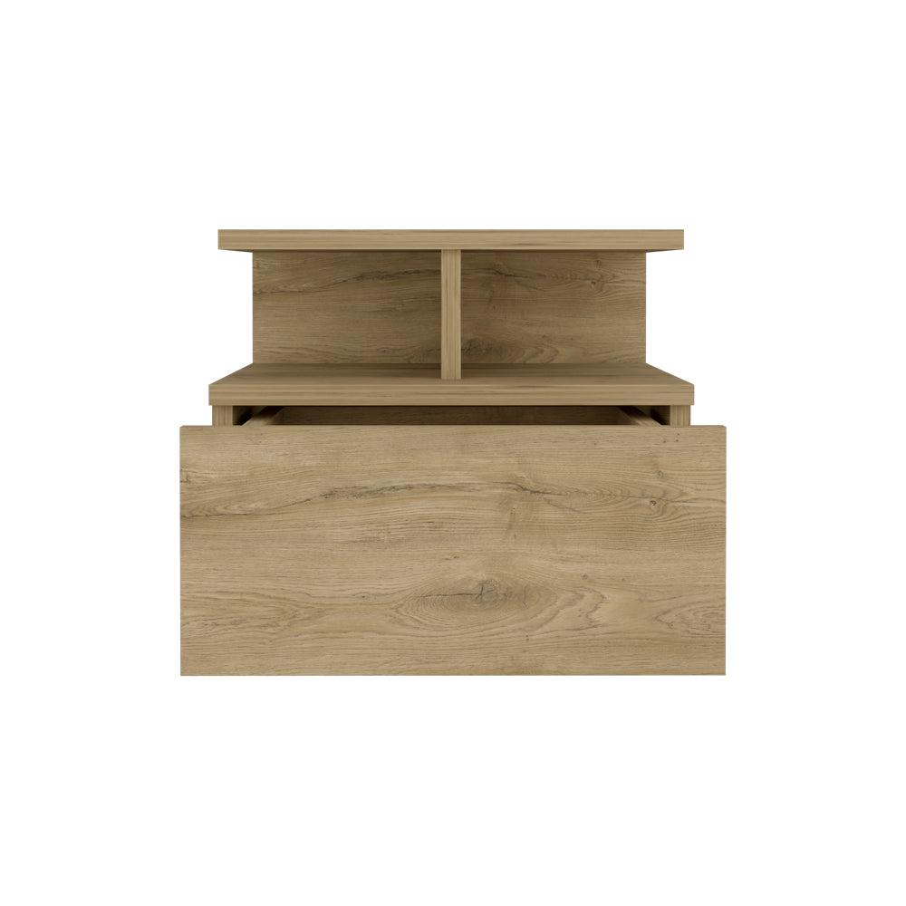 Nightstand, Wall Mounted with Single Drawer and 2-Tier Shelf, Macadamia. Picture 2