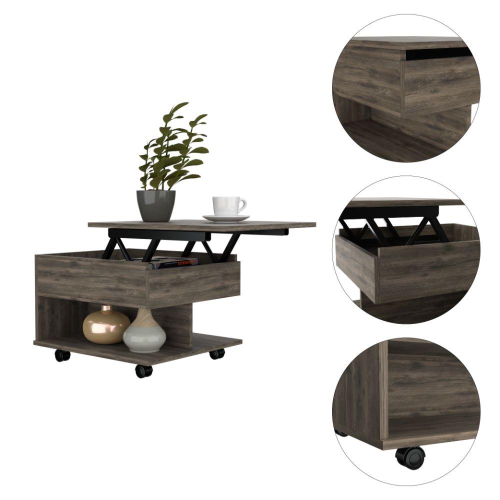 DEPOT E-SHOP Babel Lift Top Coffee Table, Countertop, Caster Wheels, One Shelf - Dark Brown, For Living Room. Picture 3