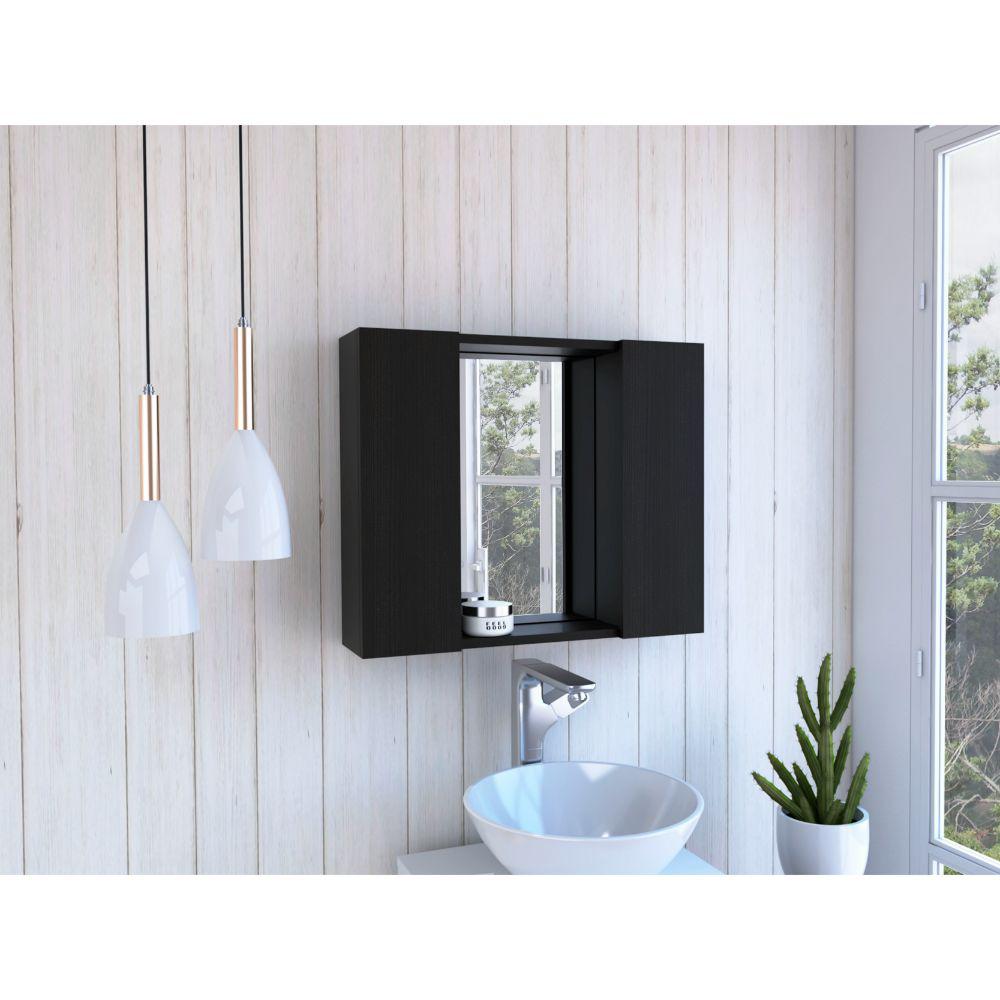 DEPOT E-SHOP Garnet Medicine Cabinet, Mirror, One External Shelf, Two-Door Cabinet-Black, For Bathroom. Picture 1