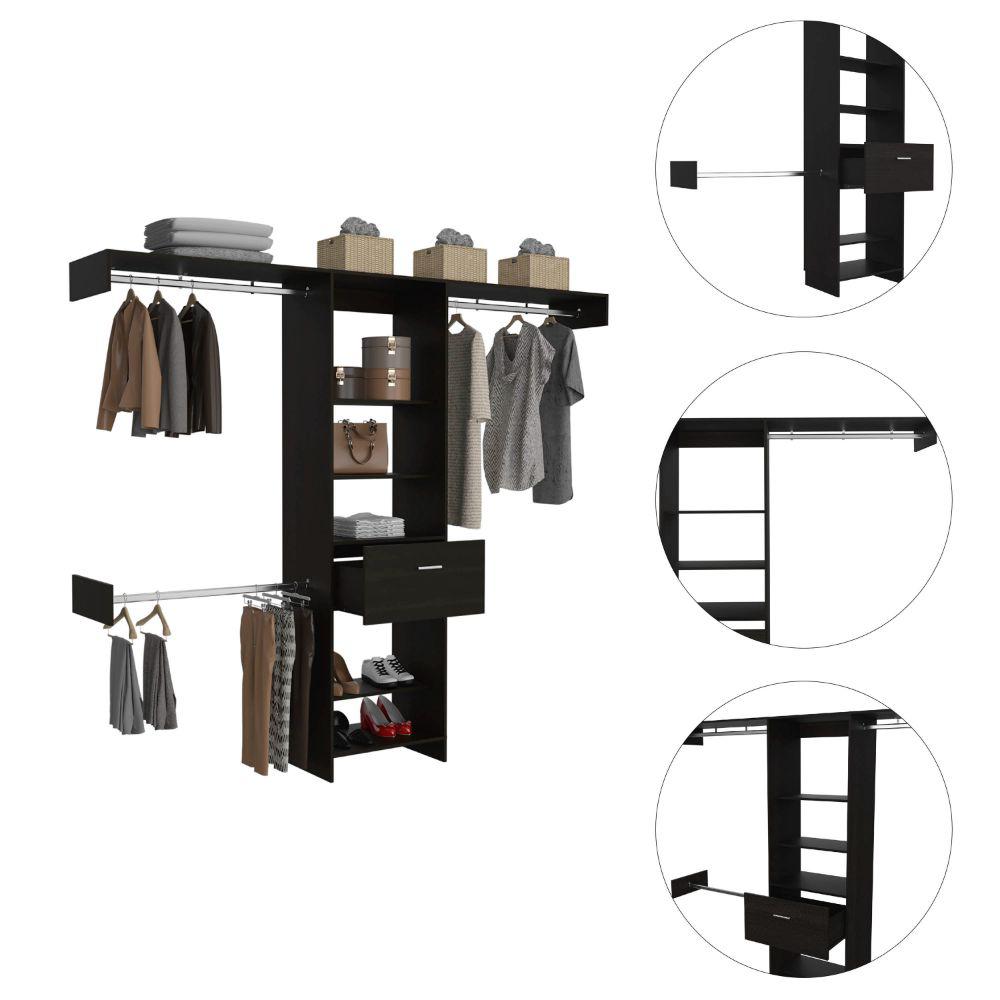 DEPOT E-SHOP Brisk Closet System, One Drawer, Three Metal Rods, Five Open Shelves-Black, For Bedroom. Picture 3
