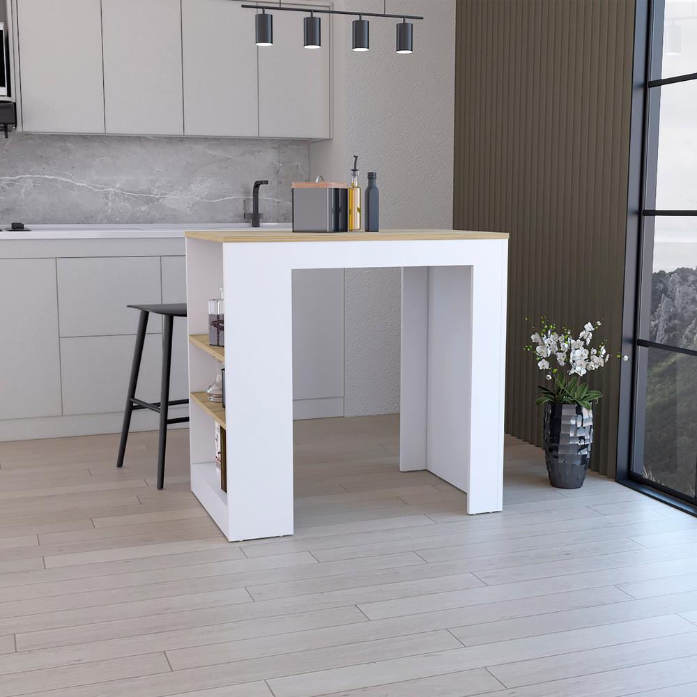 Kitchen Island, Kitchen Bar Table with 3-Side Shelves, White / Macadamia. Picture 7