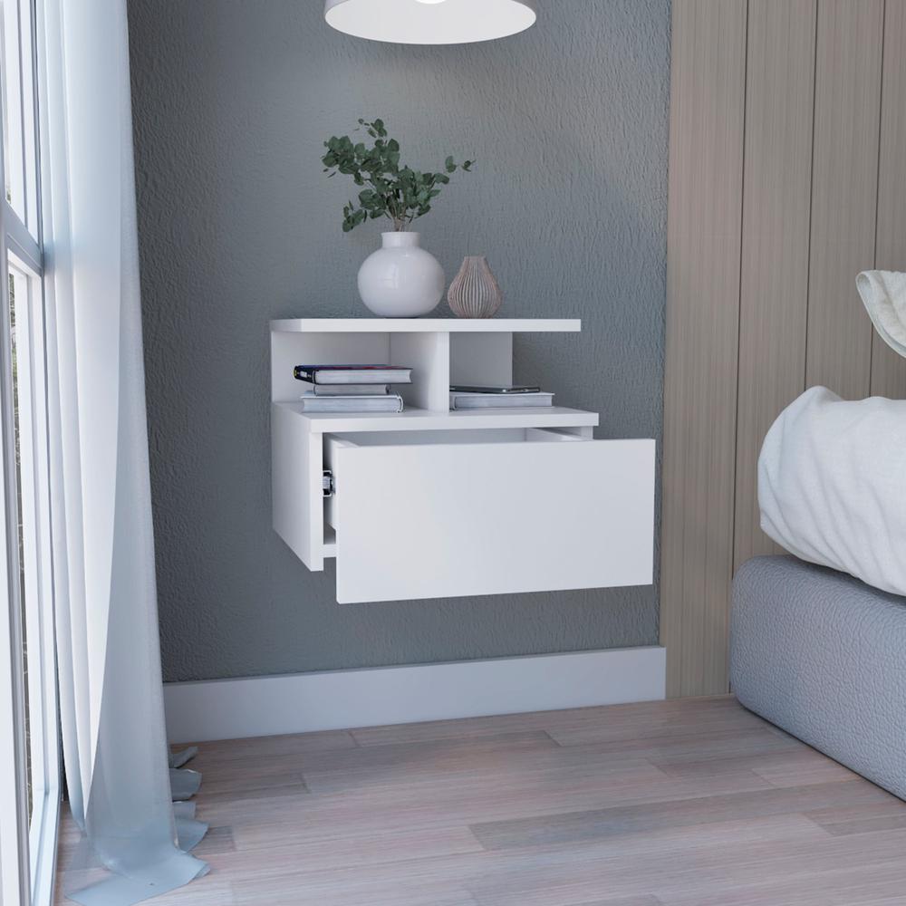 DEPOT E-SHOP Seward Floating Nightstand, Wall Mounted with Single Drawer and 2-Tier Shelf, White. Picture 5