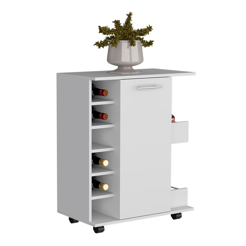 Bar Cart with 6-Built in Bottle Racks, Casters and 2-Open Side Shelves, White. Picture 3