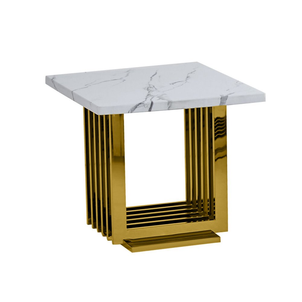 White marble top end table with gold color stainless steel base. Picture 1