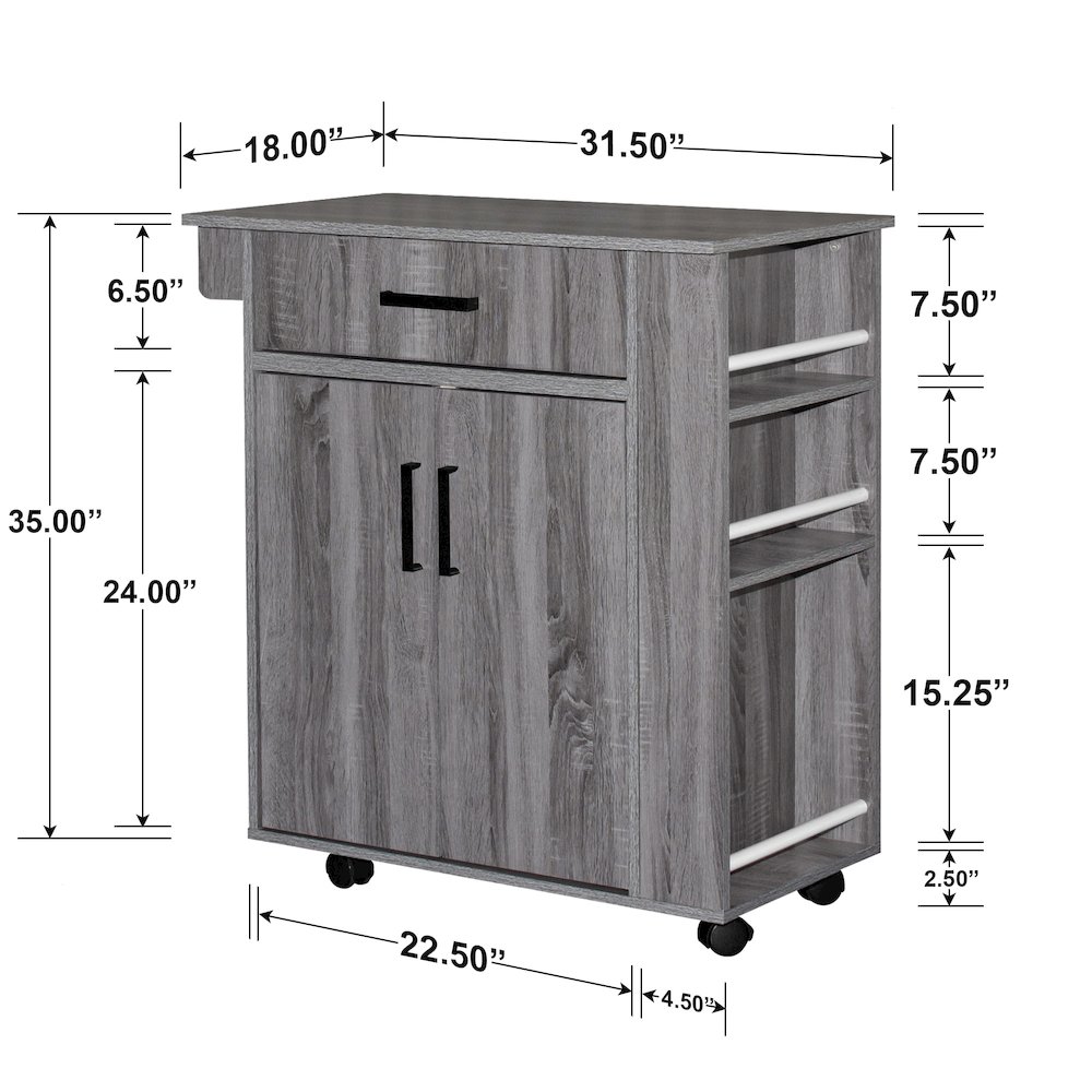 Better Home Products Shelby Rolling Kitchen Cart with Storage Cabinet - Gray. Picture 3