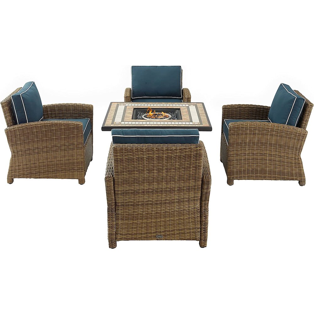 Bradenton 5Pc Outdoor Wicker Conversation Set W/Fire Table Navy/Weathered Brown - Tucson Fire Table & 4 Armchairs. Picture 4
