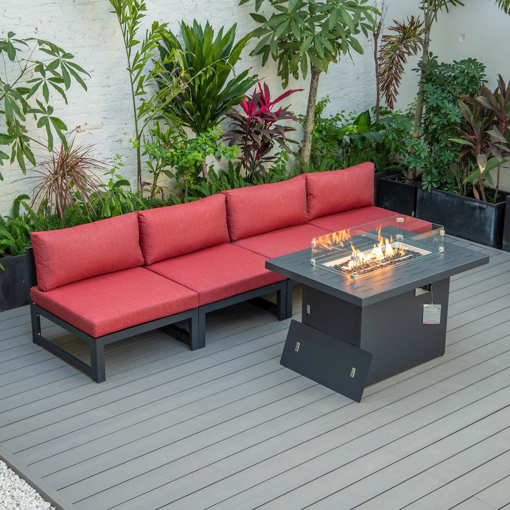 LeisureMod Chelsea 5-Piece Middle Patio Chairs and Fire Pit Table Set With Cushions, Red. The main picture.
