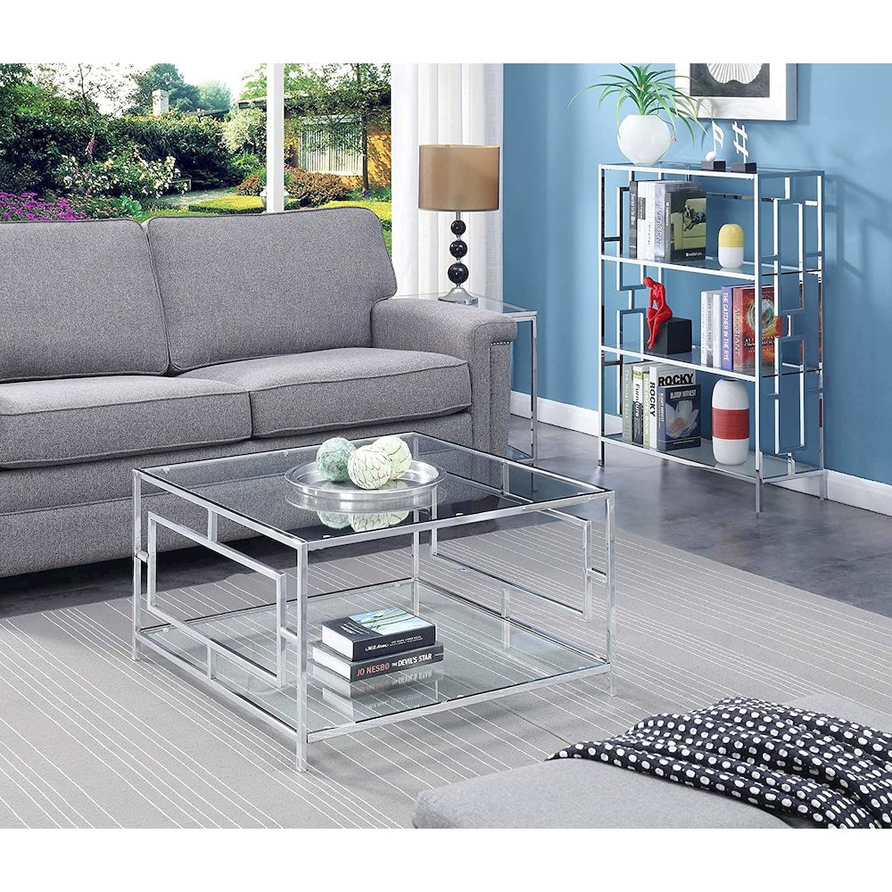 Town Square Chrome Square Coffee Table with Shelf, Clear Glass/Chrome Frame. Picture 4