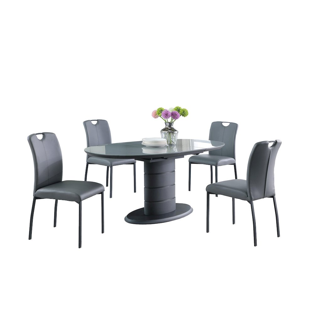 Contemporary Dining Set w/ Extendable Top, Art Deco Base & 4 Handle Back Chairs. Picture 2