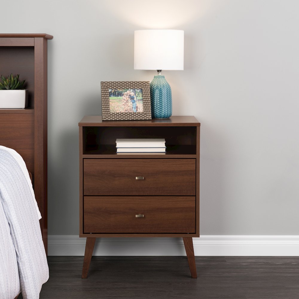 Milo 2-drawer Tall Nightstand with Open Shelf, Cherry. Picture 2