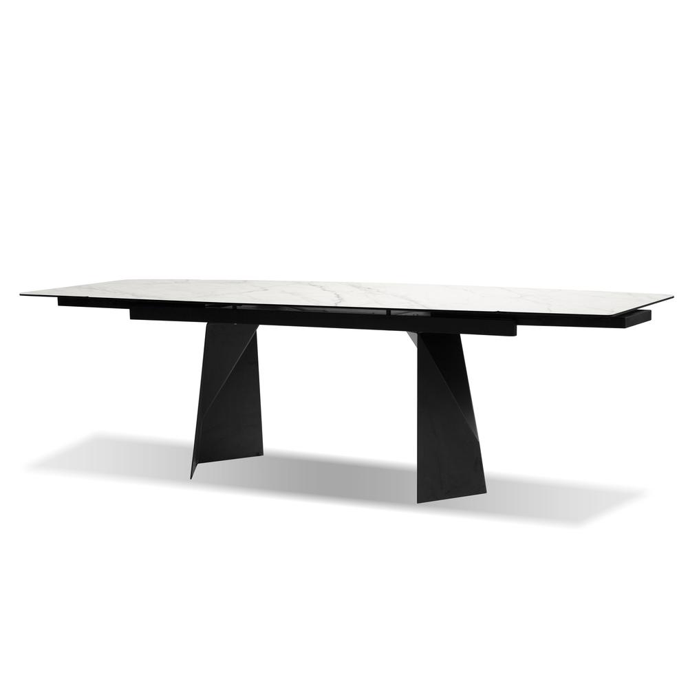 Prism Extending Dining Table Carrera White Ceramic Tempered Glass Top With Black Powder Coated Frame. Picture 1