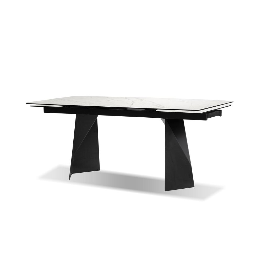 Prism Extending Dining Table Carrera White Ceramic Tempered Glass Top With Black Powder Coated Frame. Picture 2