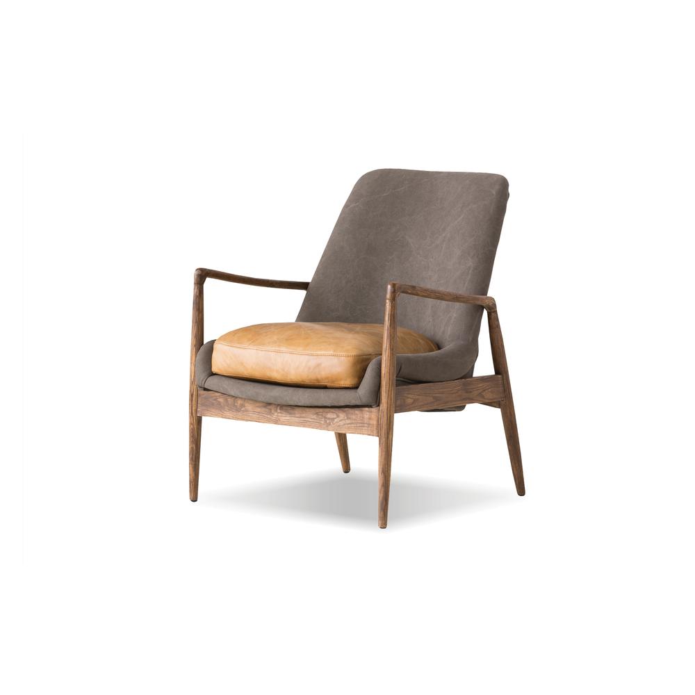 Reynolds Lounge Chair Ash Grey Fabric And Tan Vintage Distressed Leather Seat With Ash Stained Light Walnut. Picture 1