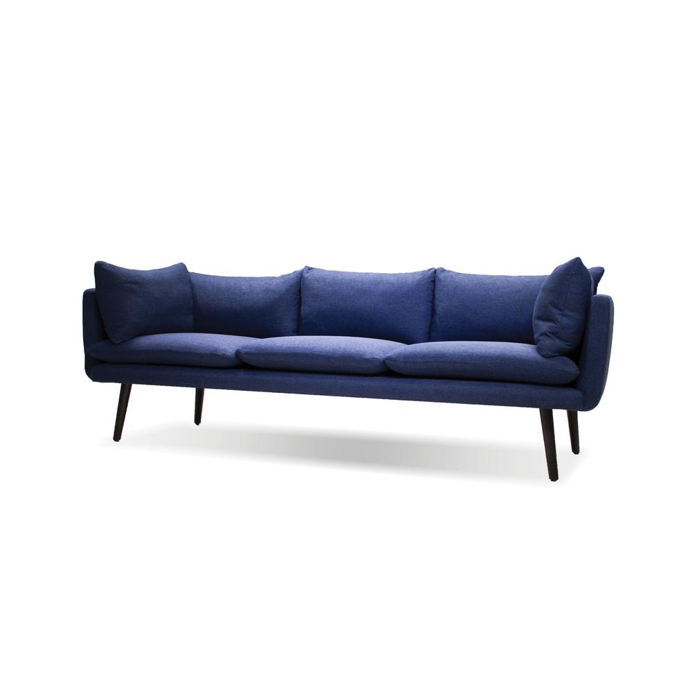 Deklan 3 Seater Sofa Blue Fabric with Black Wooden Legs. The main picture.