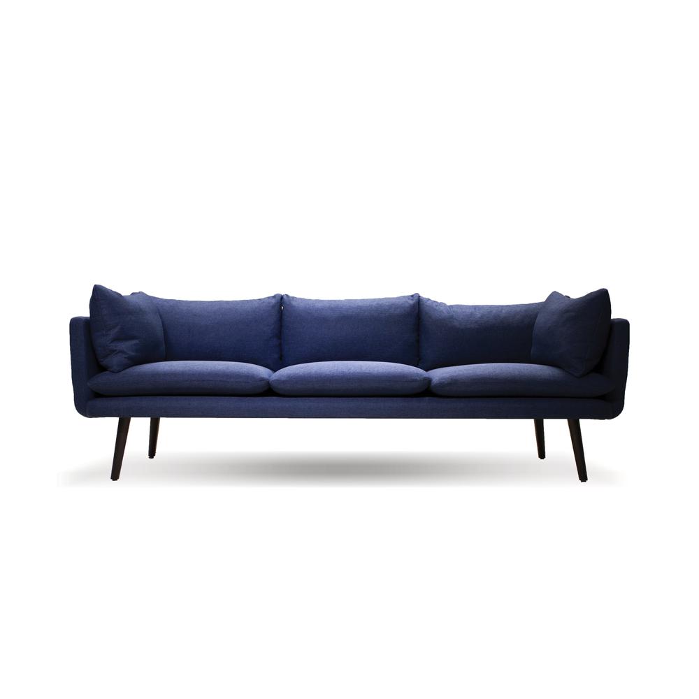 Deklan 3 Seater Sofa Blue Fabric with Black Wooden Legs. Picture 2