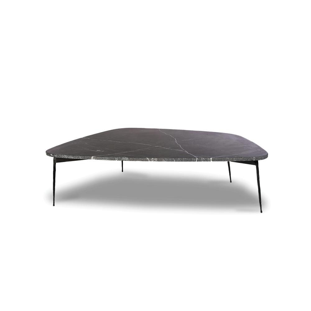 Flint Large Coffee Table Black Spanish Nero Marquina Marble With Distressed Forged Black Iron Legs. Picture 1