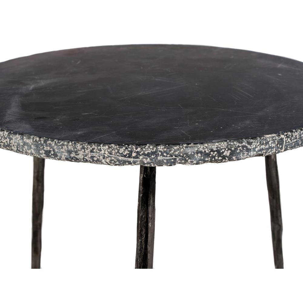 Kaii 13" Low End Table Black Spanish Nero Marquina Marble With Distressed Forged Black Iron Legs. Picture 2