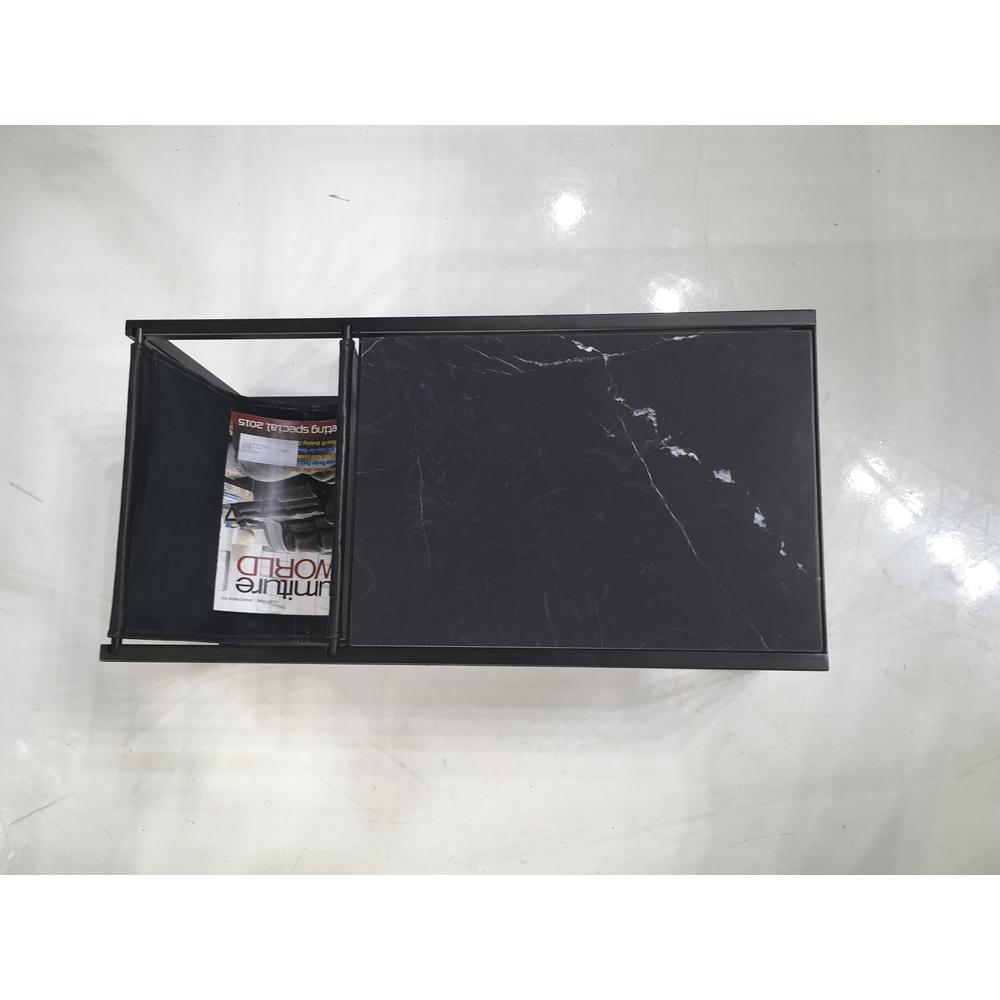 Reception Magazine Rack Black Leather Sling And Black Nero Marquina Marble With Black Steel. Picture 2