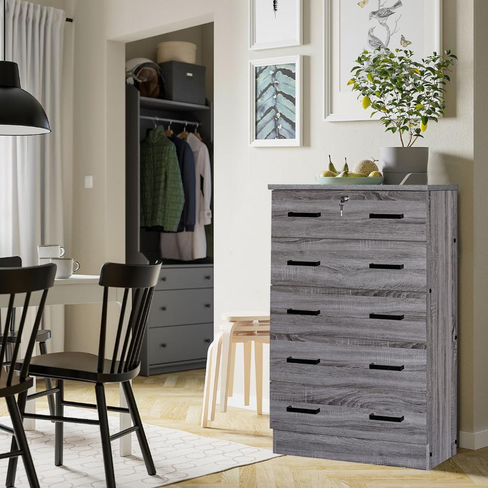 Better Home Products Cindy 5 Drawer Chest Wooden Dresser with Lock in Gray. Picture 11